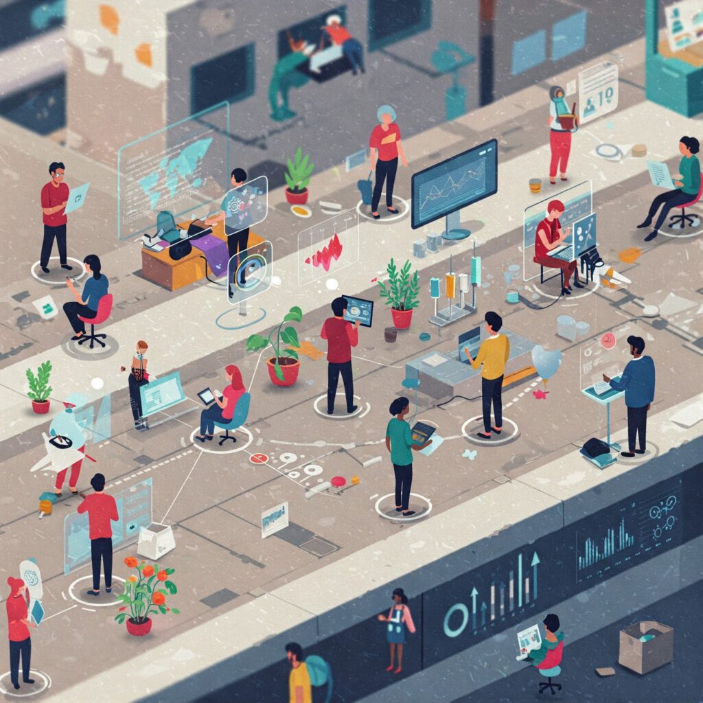 People in a network connected by technology, buildings and personal interactions. Depicting an image of a voluntary relational network.