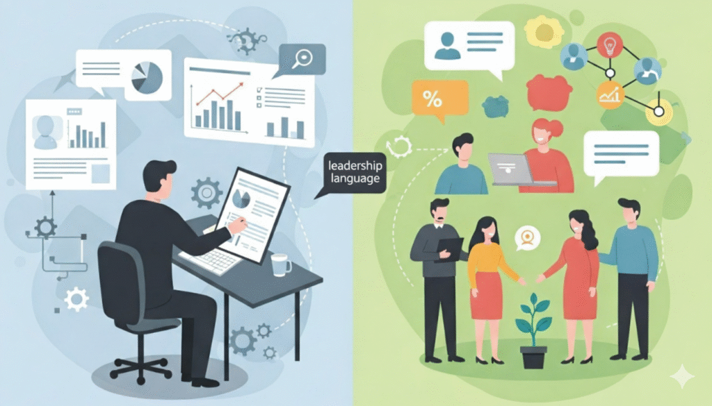 An image depiciting leadership language intended to show transactional vs transformational. Transformational is more flourcing and human centred, wheras the transactional is more about numbers and data.